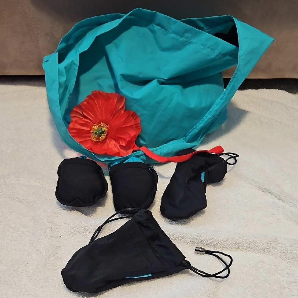 Tieks Foldable Tote Bag in Turquoise with Black Pouches and Red Flower Accent